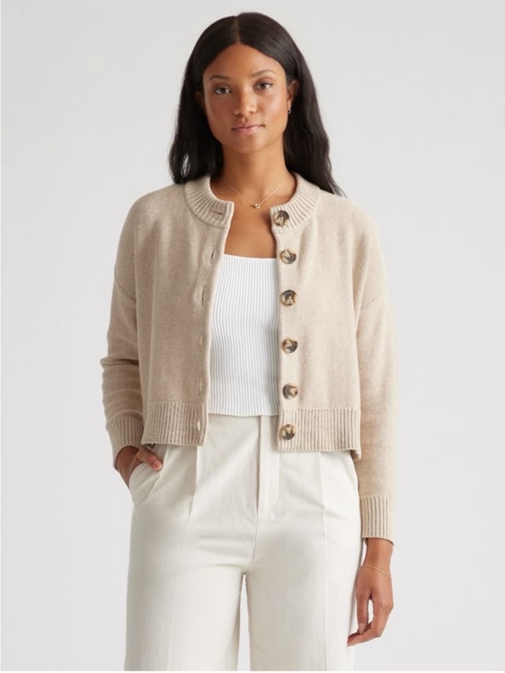 Quince 100% Organic Cotton Cropped Cardigan Sweater in cement marl